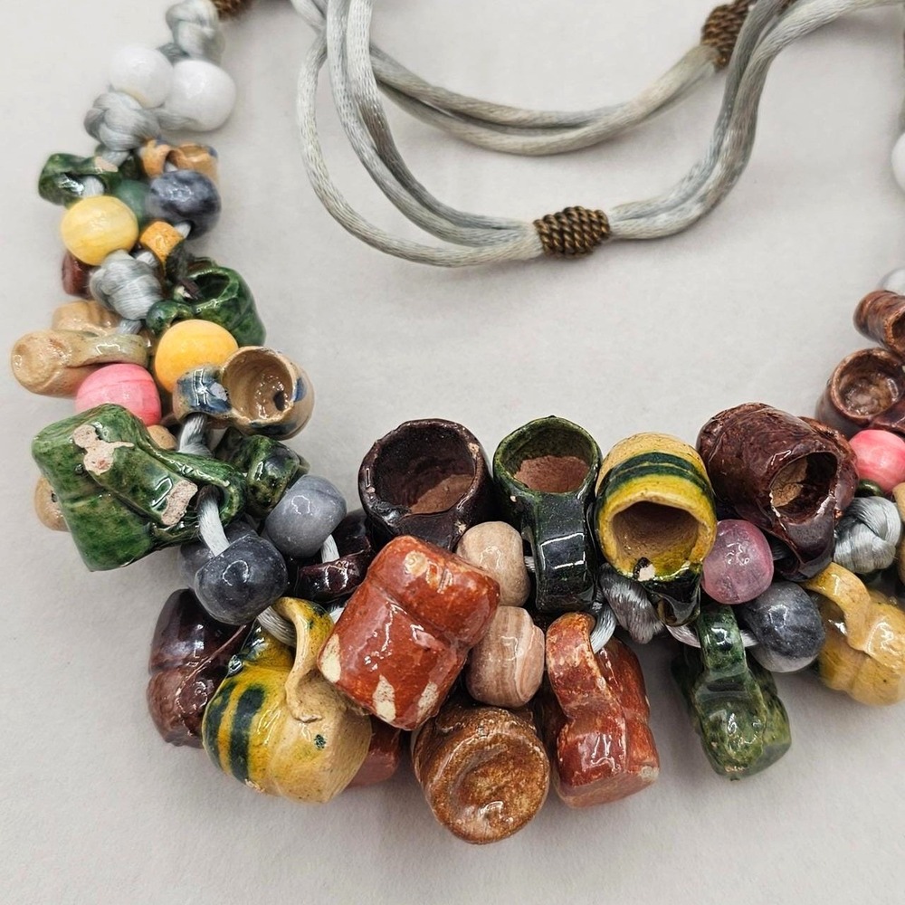 Vintage Folk Art Pottery Mug Bead Necklace Ceramic Tankard Bib Statement Boho